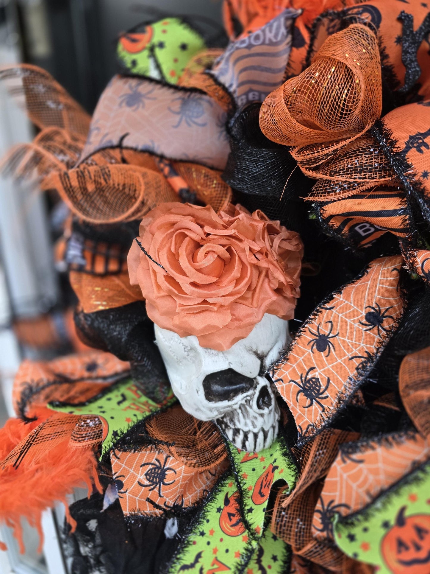 Large Halloween Front Door Wreath Spooky Hanger Black Orange Ghost Skeleton Wall Porch Hanger Handmade House Home Decor Decorations Welcome
