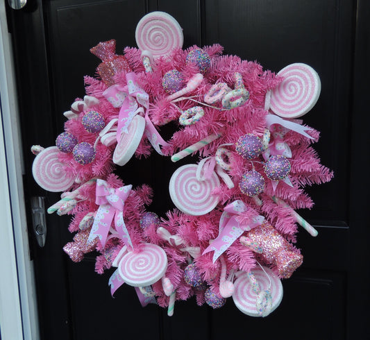 Luxury Pink Candy Shop Christmas Wreath Winter Outside Holiday Front Door Porch Wall Hanger Mantle Home Decor Decoration Designer Gift Cute