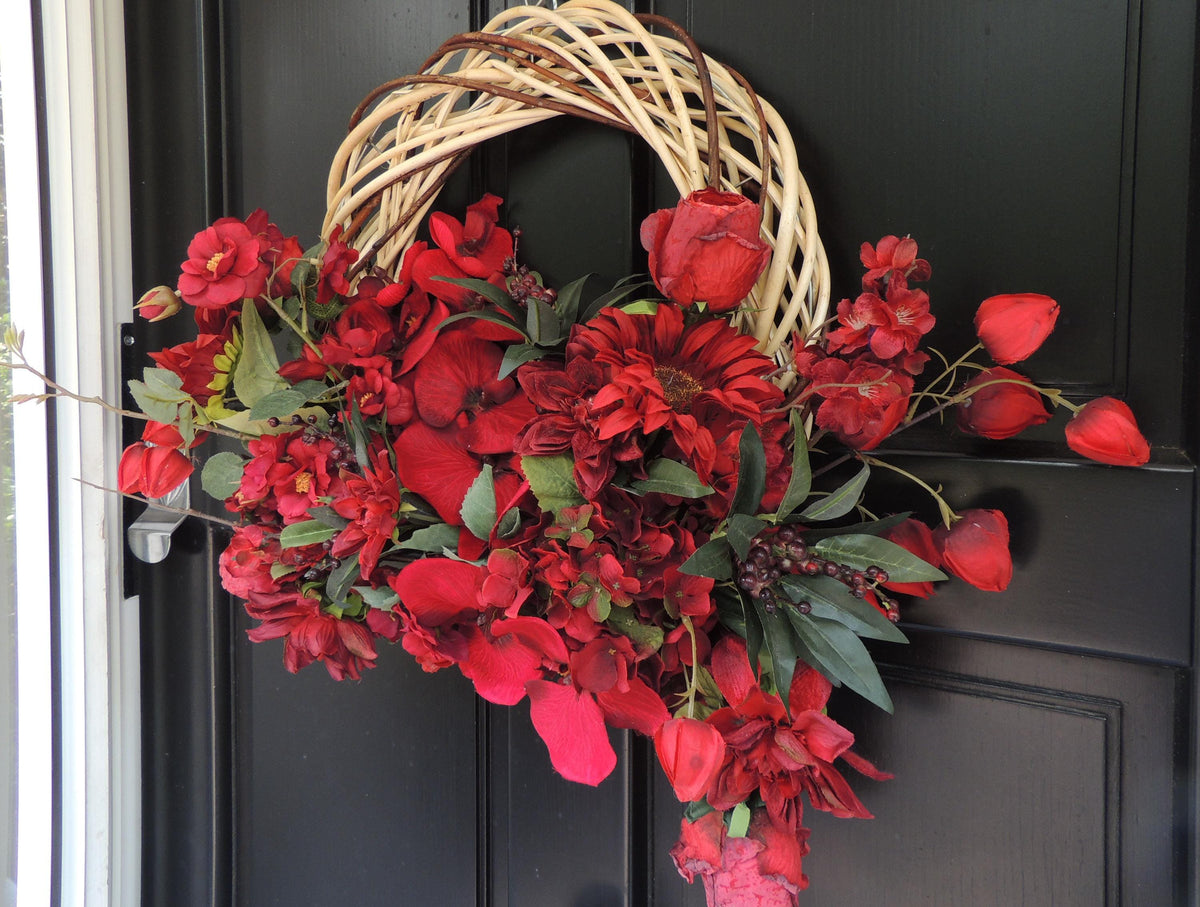 Red Floral Wreath 45cm | Rose & Hydrangea Year Round Front Door Wreath