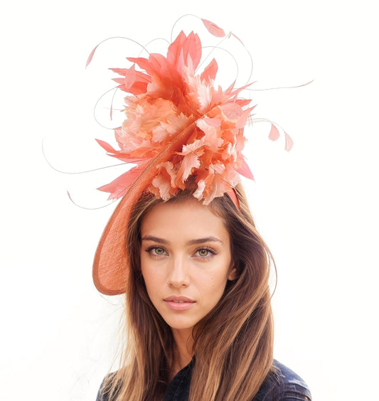 Coral Pink Orange Fascinator Headpiece Royal Ascot Kentucky Derby Oaks Dubai Weddings Mother of Bride Tea Party Ladies Day Races SALE