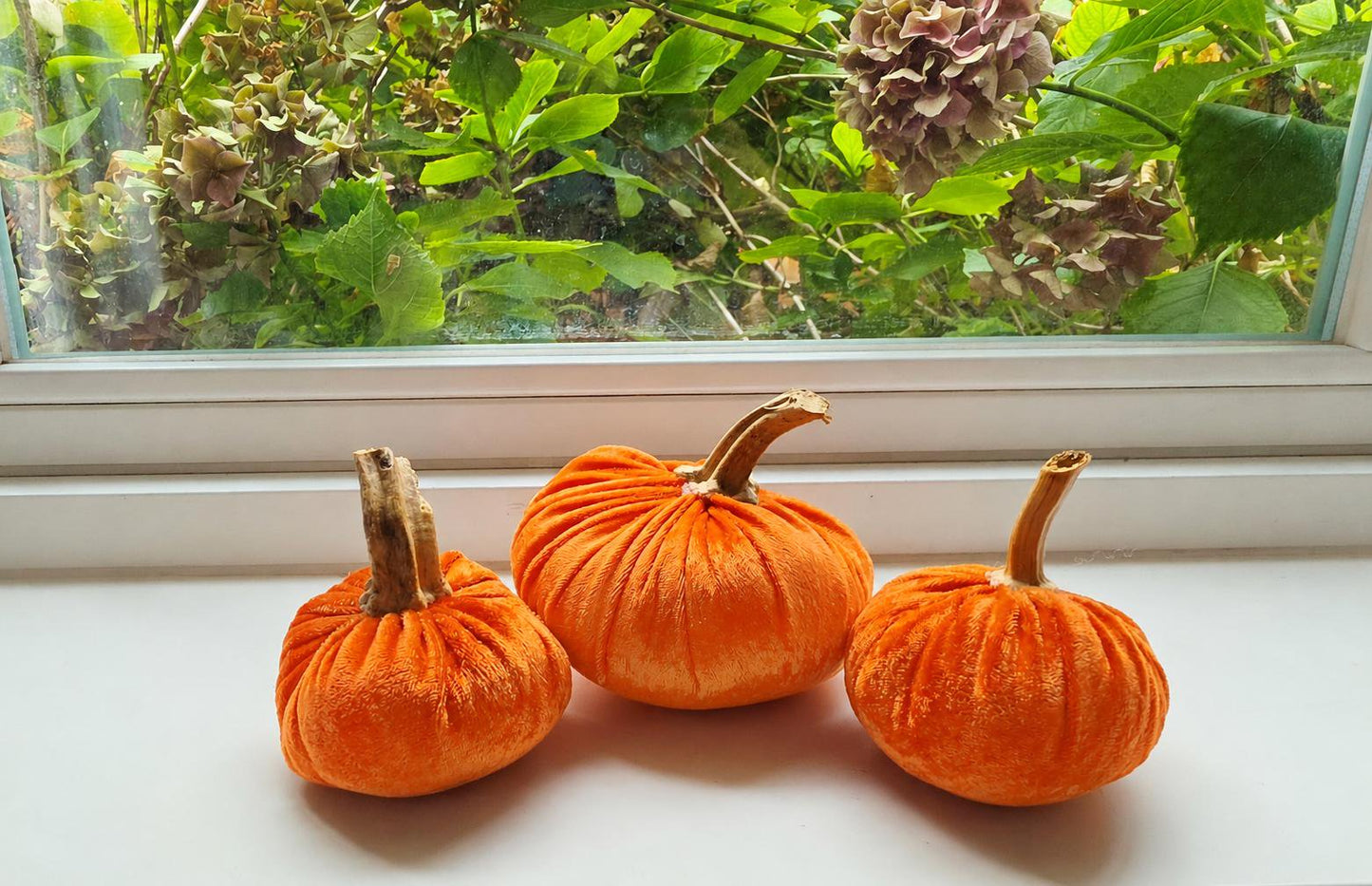 Orange Crushed Marble Velvet Pumpkin Set of 3, Autumn Fall Decorations, Thanksgiving Table Centrepiece