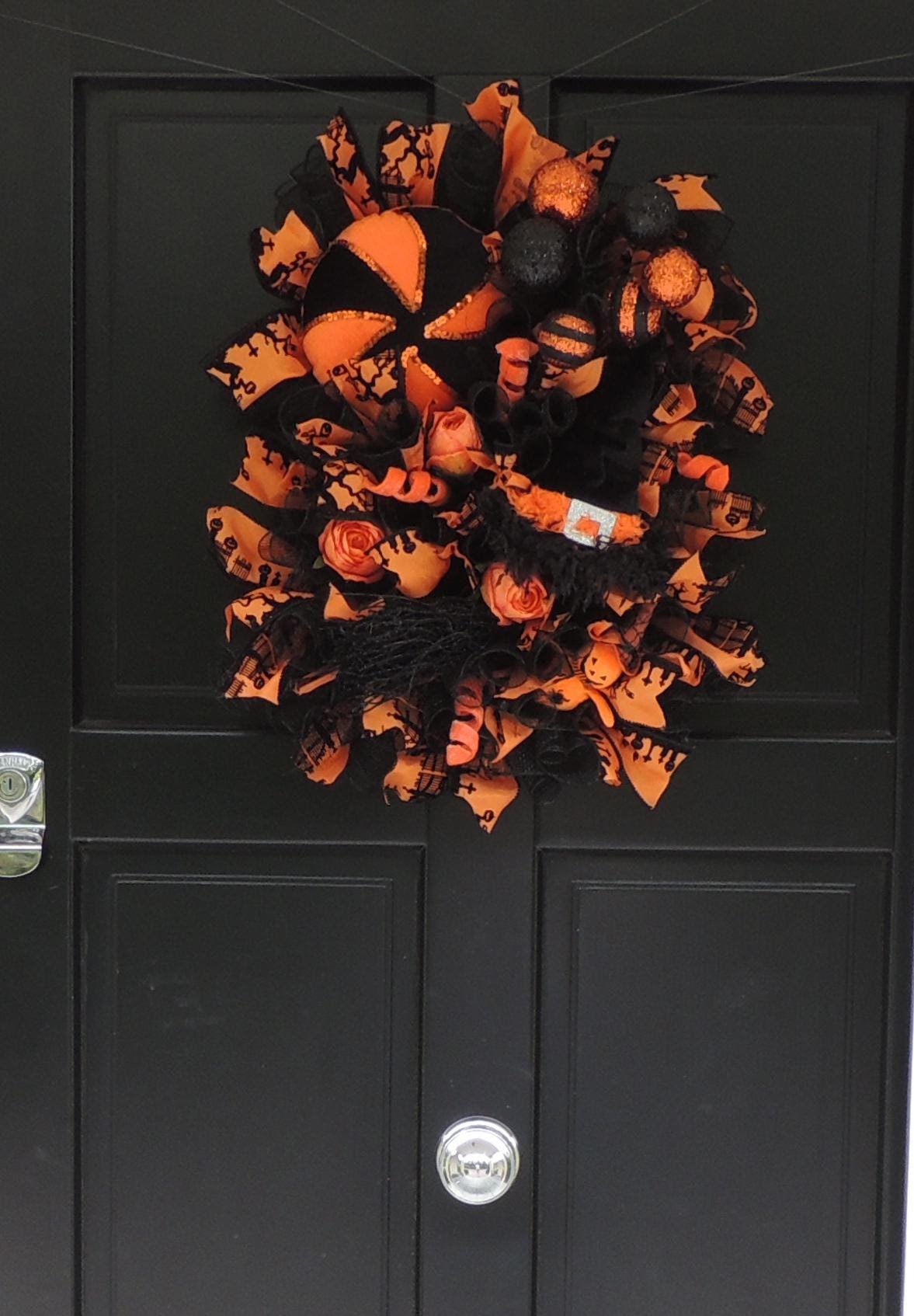 20" Halloween Door Wreath, Luxury Halloween Wreath, Black Orange Front Door Decor, Witch Wreath, Pumpkin Decor Square