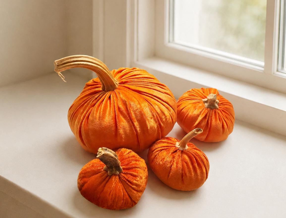 Orange Velvet Pumpkin Set of 4, Fall Autumn Table Centrepiece, Thanksgiving Harvest Decorations