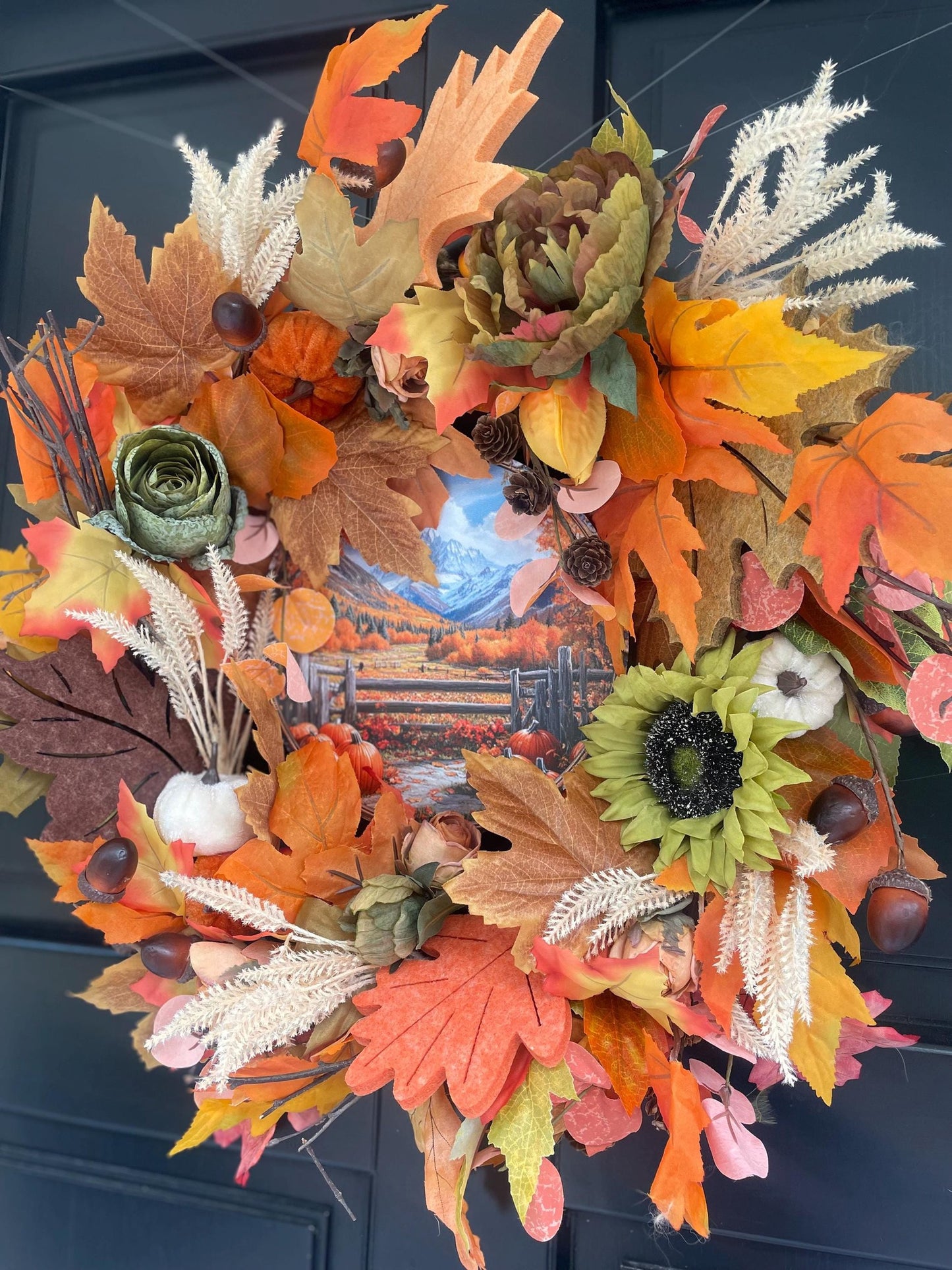 Autumn Harvest Wreath | Sunflowers, Pumpkins, Leaves, Farmhouse Door Decor
