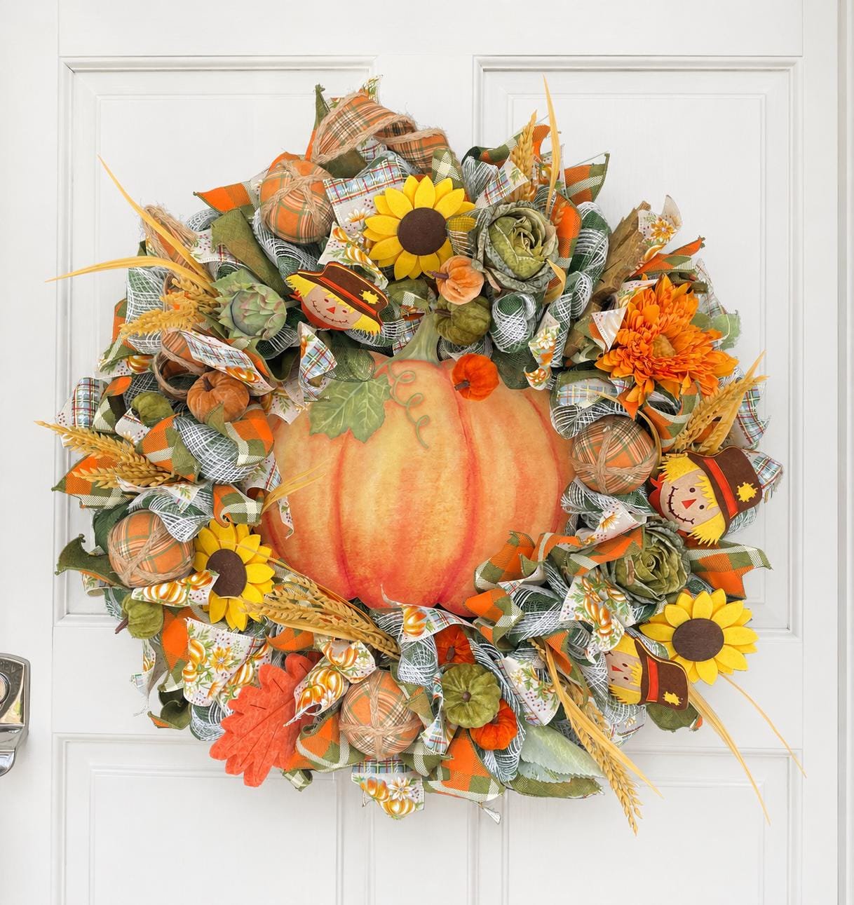 24" Large Autumn Pumpkin Wreath, Fall Harvest Front Door Wreath, Scarecrow Sunflower Thanksgiving Porch Decor, Farmhouse Autumn Decoration