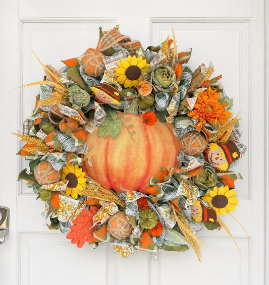 Large Autumn Pumpkin Wreath 60cm | Scarecrow & Sunflower Fall Harvest Wreath