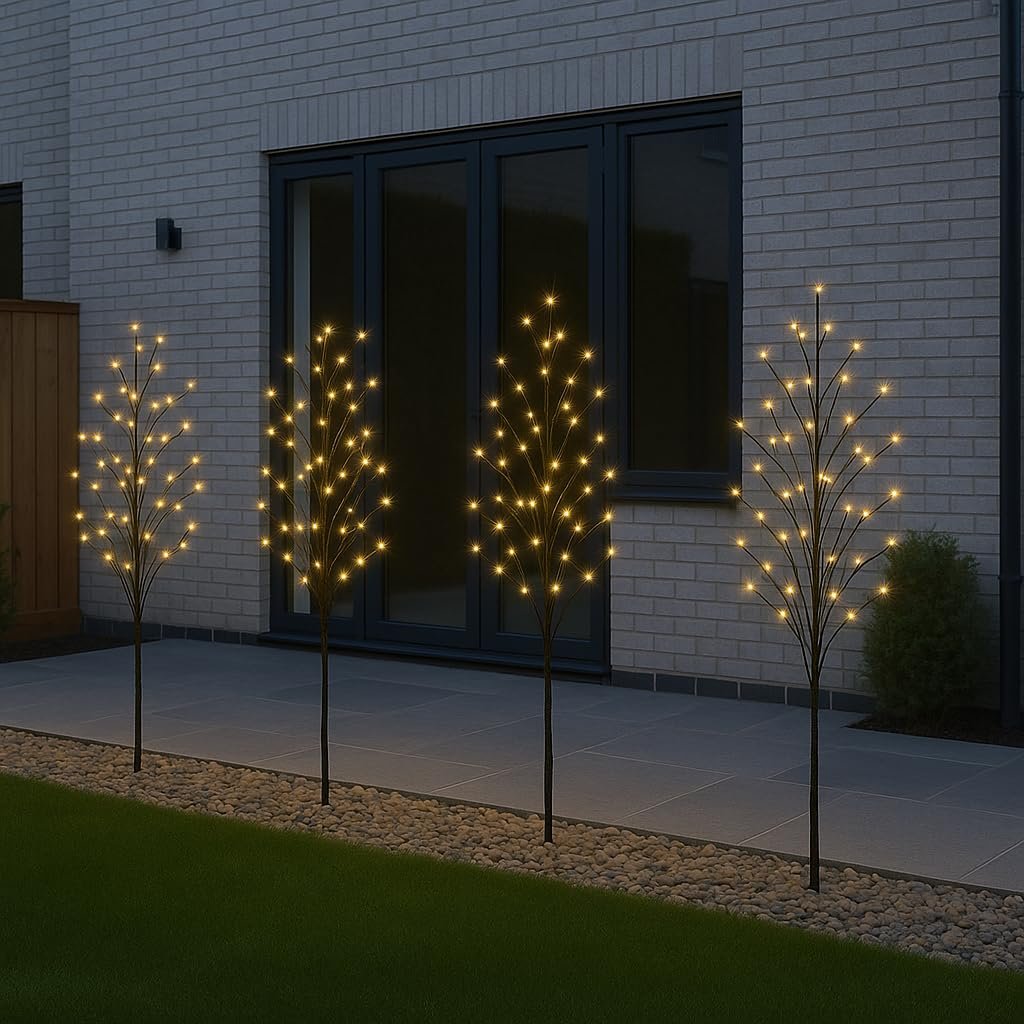 Set 4 Tall Lit Twig Tree Path Finders Warm White LEDs Outdoor Garden Christmas Fairy Lights