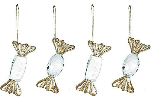 Festive Set of 4 x Hanging Clear and Gold Glitter Acrylic Jewel Candy Sweets 10cm - Sparkly Christmas Tree Decoration Bauble