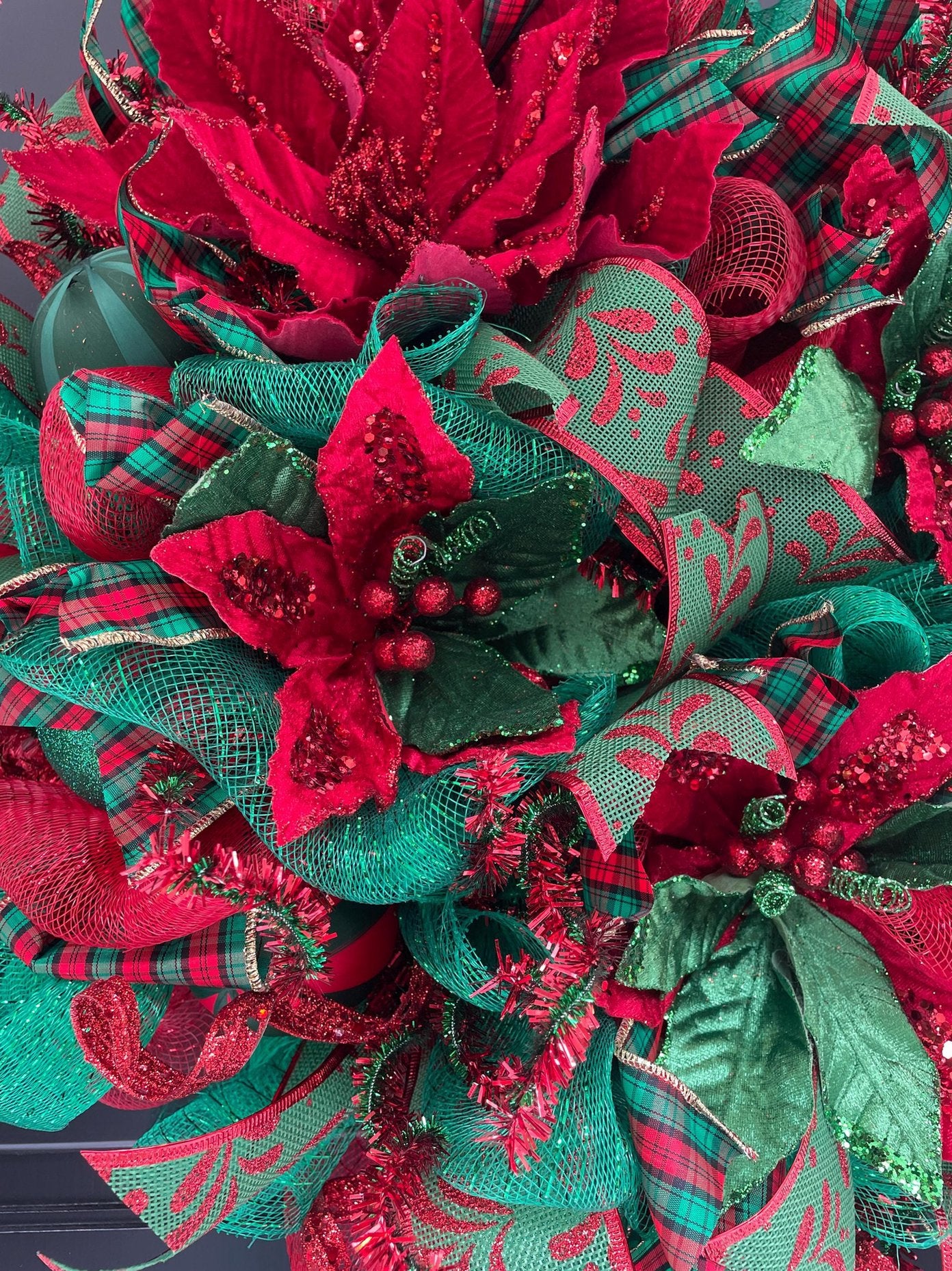 Traditional Red and Green Christmas Wreath Front Door,Classic Holiday Door Decor,Festive Handmade Winter Wreath,Velvet Poinsettia Wreath