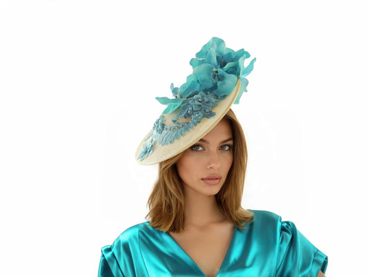 Kentucky Derby Hat Ascot Fascinator Yellow Aqua Turquoise Wedding Cocktail Tea Party Ascot Formal Occasion Race Headband Halo Elegant
