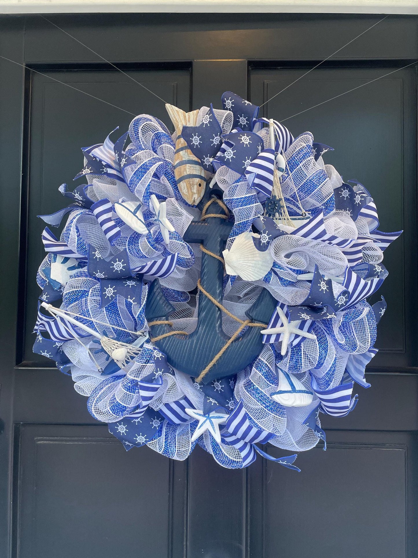 20" Nautical Wreath, Coastal Beach House Wreath, Blue White Anchor Door Decor, Seaside Lake House Decor, Sailboat Ocean Wreath