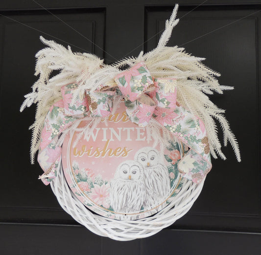 Pink Christmas Owl Wreath, White Winter Wreath, Snowy Front Door Decor, Pink Poinsettia Christmas Decoration, Cottagecore