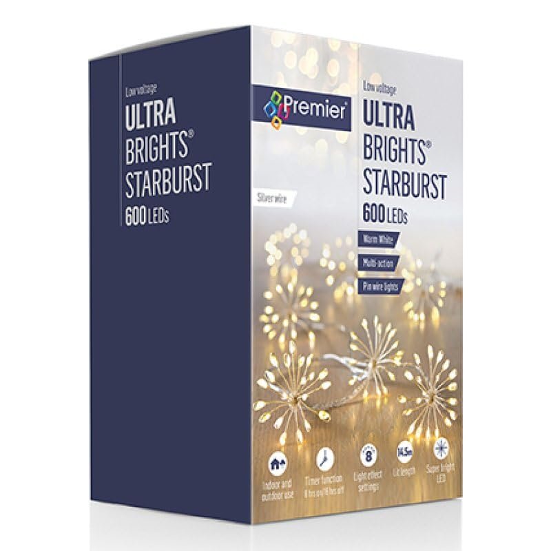 Premier Ultra Brights Starburst Christmas Lights, 600 LED, Warm White, Multi-Action String Lights