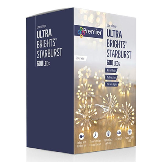 Premier Ultra Brights Starburst Christmas Lights, 600 LED, Warm White, Multi-Action String Lights