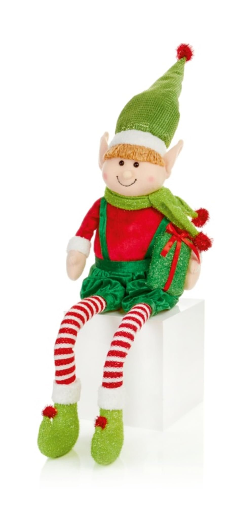 Large Festive Red & Green Glitter Tinsel Elf Jumper Christmas Sitting Decoration Ornament Bauble Traditional Holiday Decor Gift Xmas Decor