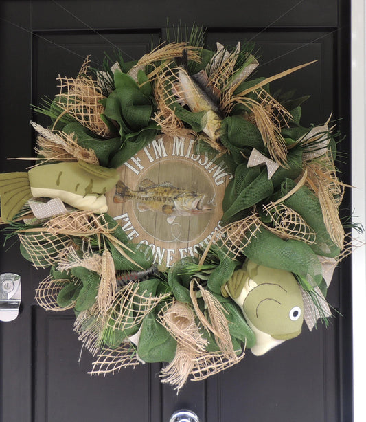 27" Oversized XL Green Fishing Wreath,Cabin Front Door Swag,Rustic Country Home Decor,Lake Beach House Decoration,Natural House Warming gift