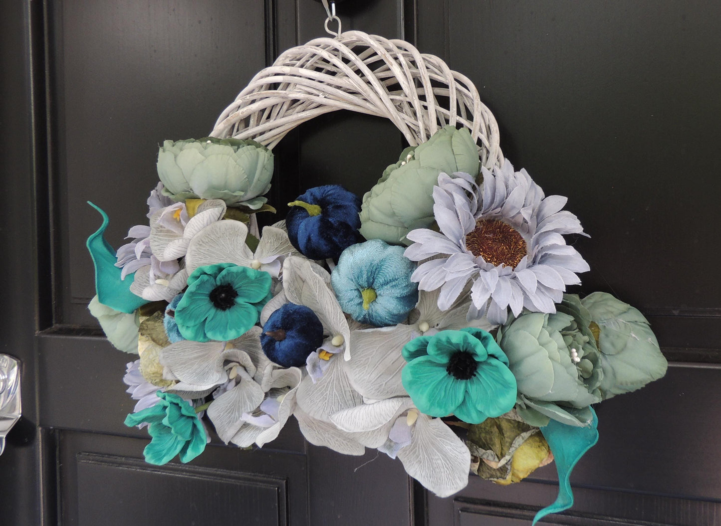 Blue Pumpkin Wreath, Beach House Front Door Wreath, Teal Floral Wreath, Turquoise Wreath, Modern Summer Wreath, Luxury Door Decor,Lake House