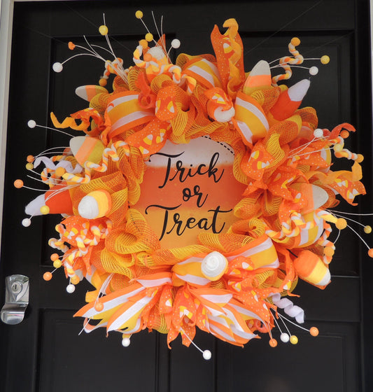 Halloween Wreath, Trick or Treat Door Wreath, Candy Corn Wreath, Halloween Sweet Wreath, Orange Mesh Front Door Decor, Sweet Shop Kids Wall