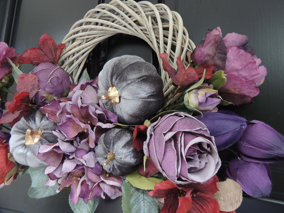 Mauve Autumn Pumpkin Wreath 45cm | Plum & Dusty Rose Fall Floral Wreath