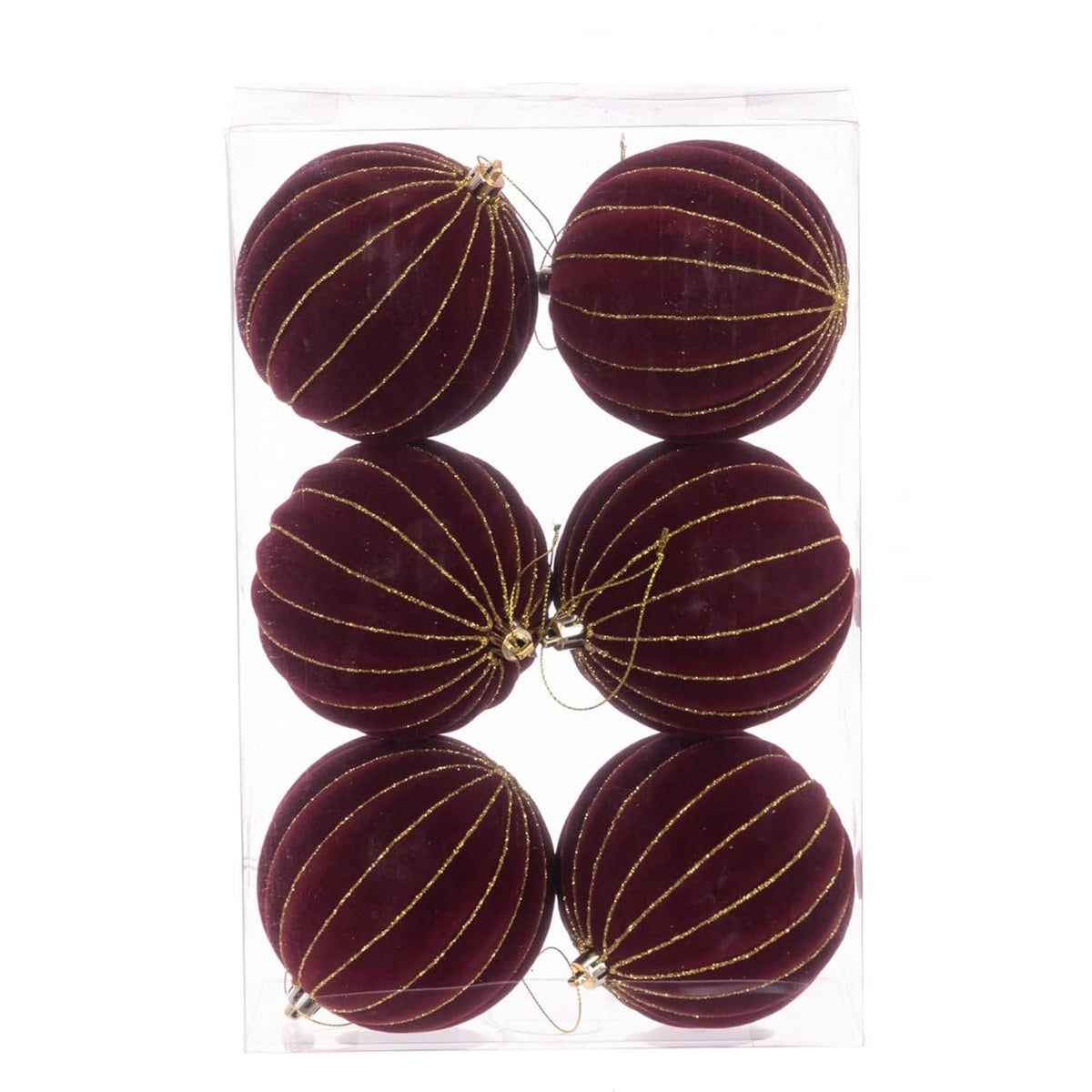 Large Velvet Glitter Striped Christmas Baubles 10cm Pack of 6