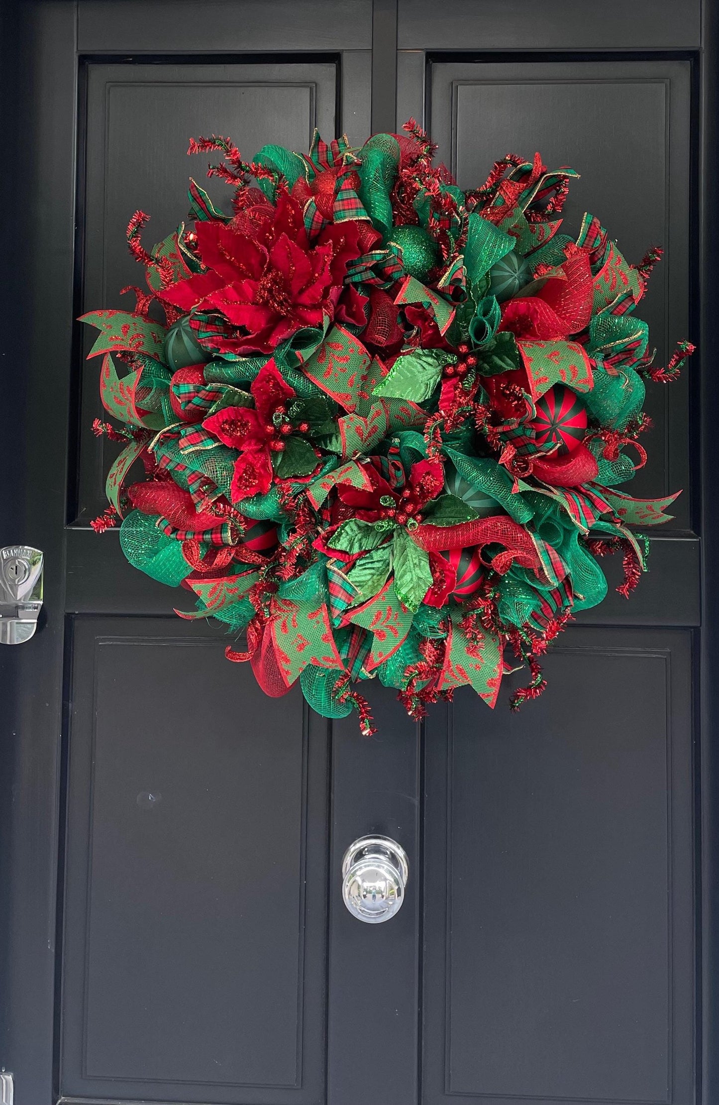 Traditional Red and Green Christmas Wreath Front Door,Classic Holiday Door Decor,Festive Handmade Winter Wreath,Velvet Poinsettia Wreath