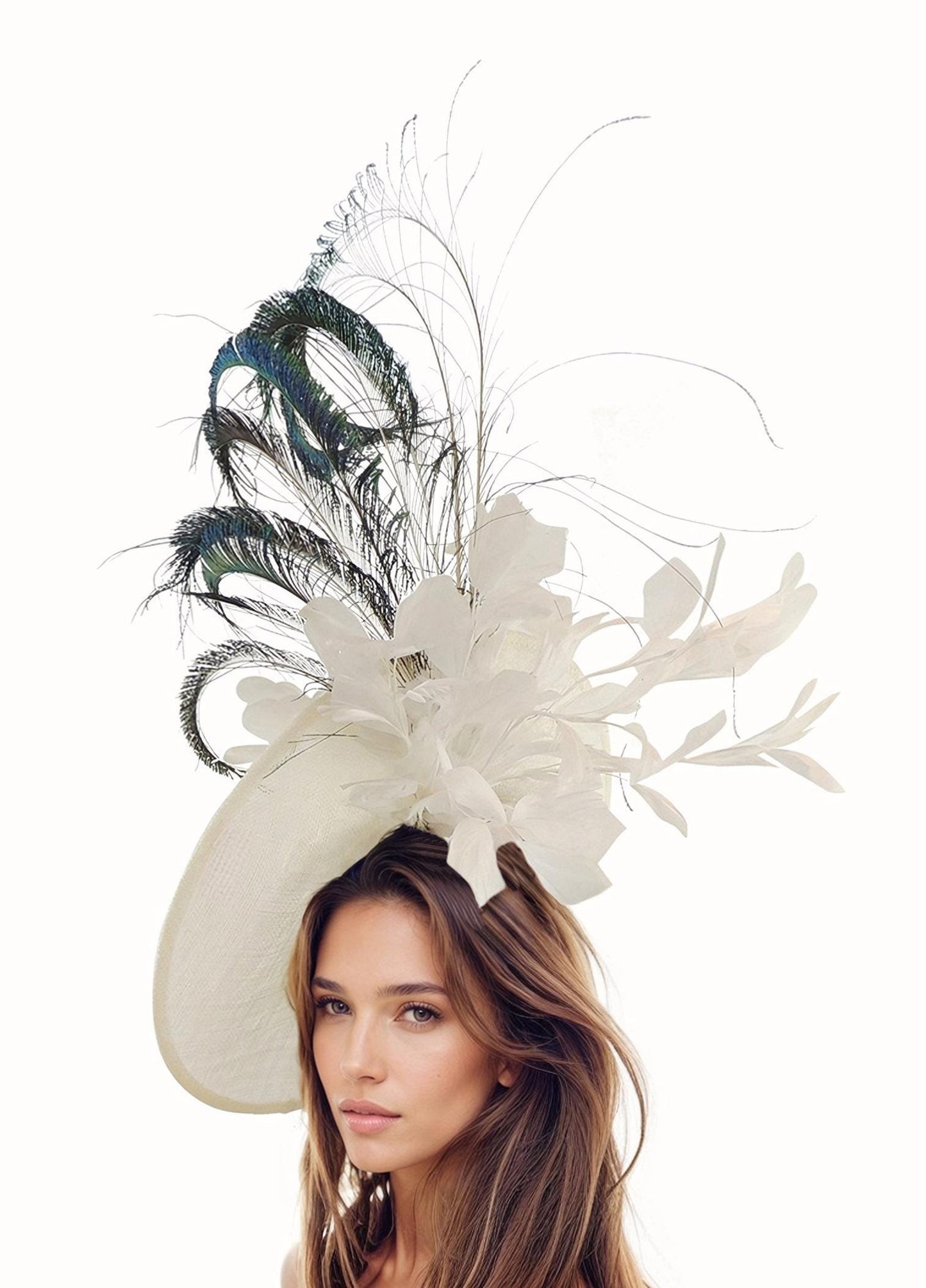 White Peacock Feather Statement Fascinator Hatinator Hat Kentucky Derby Oaks Woman Ascot Weddings Garden Cocktail Tea Headpiece Church Lunch