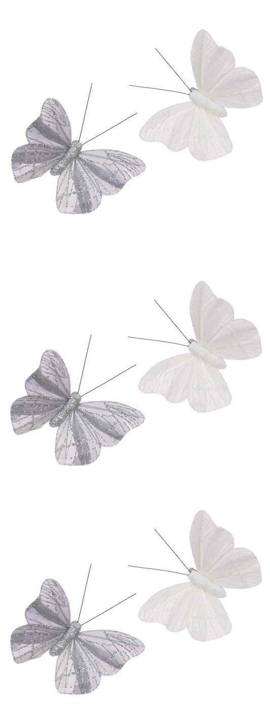 Set of 6 Glitter Feather White Silver Butterfly Clip Shop Theme Ornamnet Christmas Tree Bauble Ornament Xmas Spring Decor Home Decoration