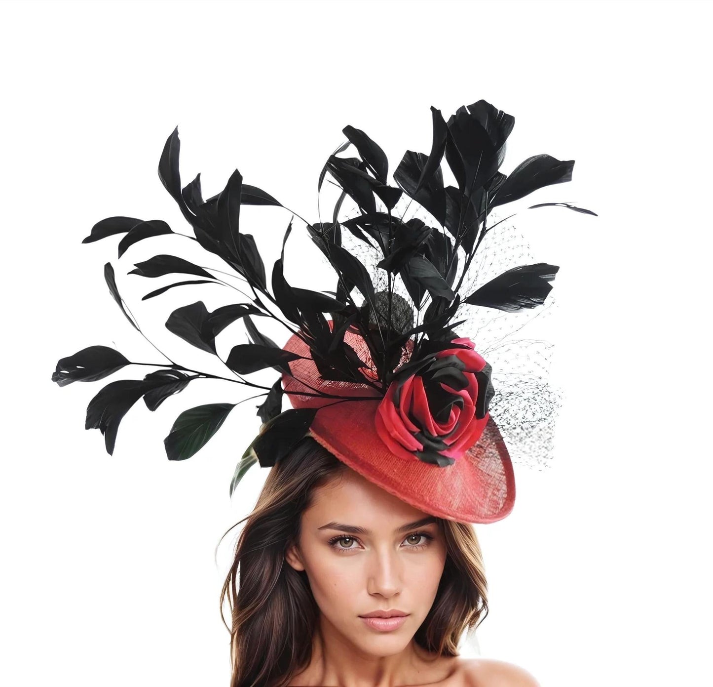 Red Black Kentucky Derby Fascinator Hatinor Hat Ascot Tea Party Lunch Garden Cocktail Event Designer Original Custom Wedding Statement
