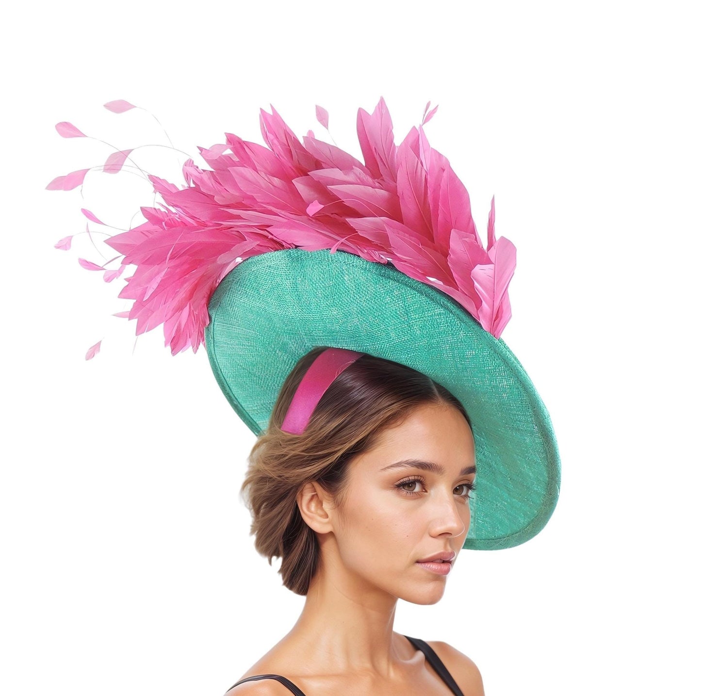 Fuchsia Hot Pink Jade Green Ascot Fascinator Hat Kentucky Derby Tea Party Luncheon Cocktail Evening Formal Occasion Platter Classy Dress Fun