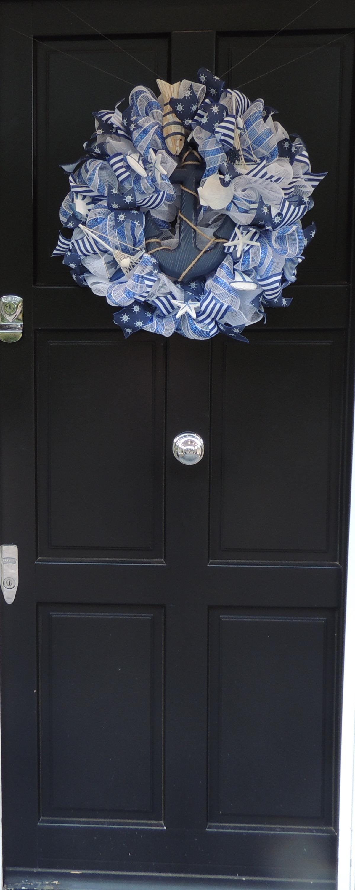 20" Nautical Wreath, Coastal Beach House Wreath, Blue White Anchor Door Decor, Seaside Lake House Decor, Sailboat Ocean Wreath