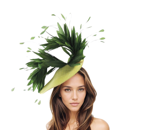 Lime Green Dark Forest Green Statement Feather Derby Ascot Fascinator Hat Weddings Cocktail Tea Party Woman Headband Formal SALE