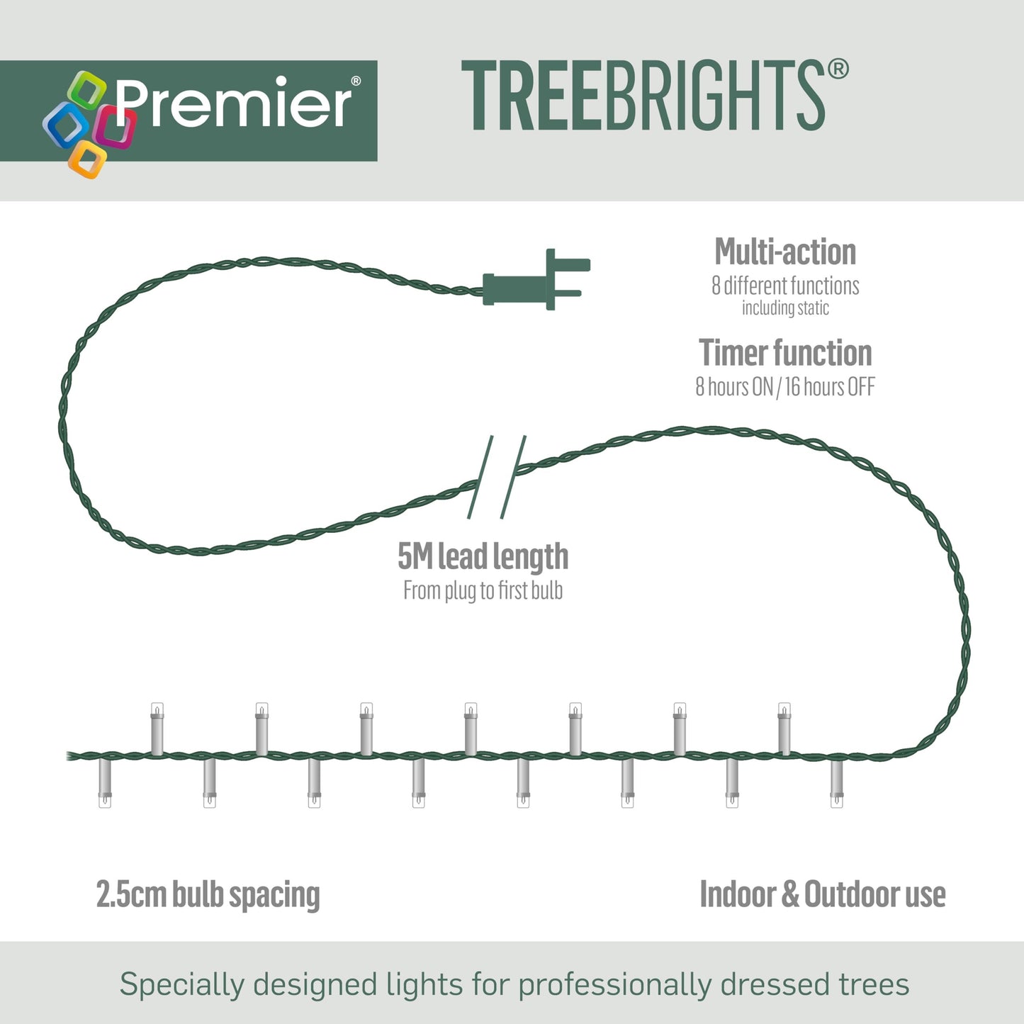 Premier 2000 Multi Action LED TreeBrights with Timer – White Christmas Lights – 50m Lit Length for Up to 10ft Trees Indoor and Outdoor