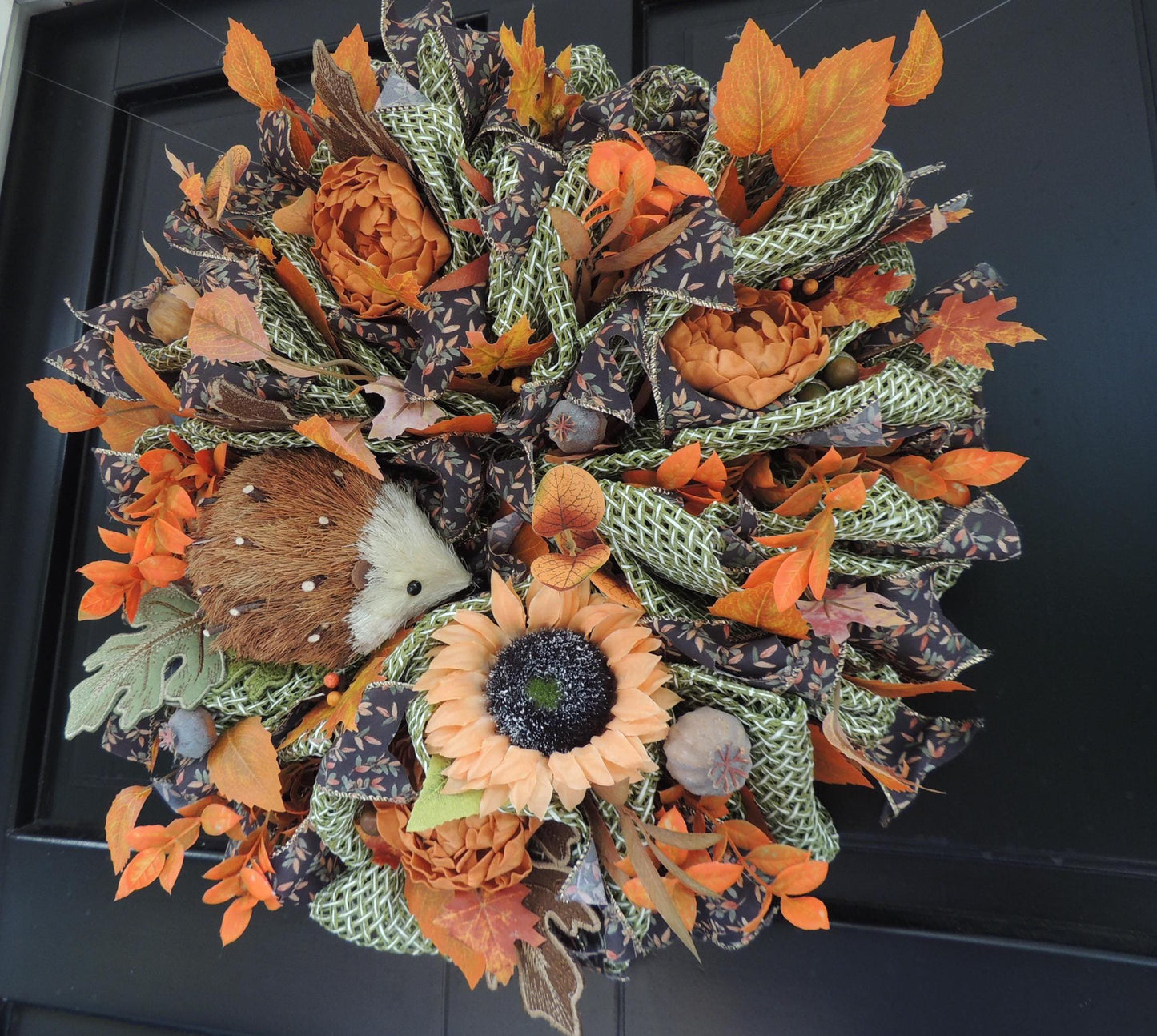 20" Large Autumn Hedgehog Wreath, Fall Woodland Front Door Wreath, 50cm Sunflower Harvest Decor, Rustic Autumn Porch Decoration