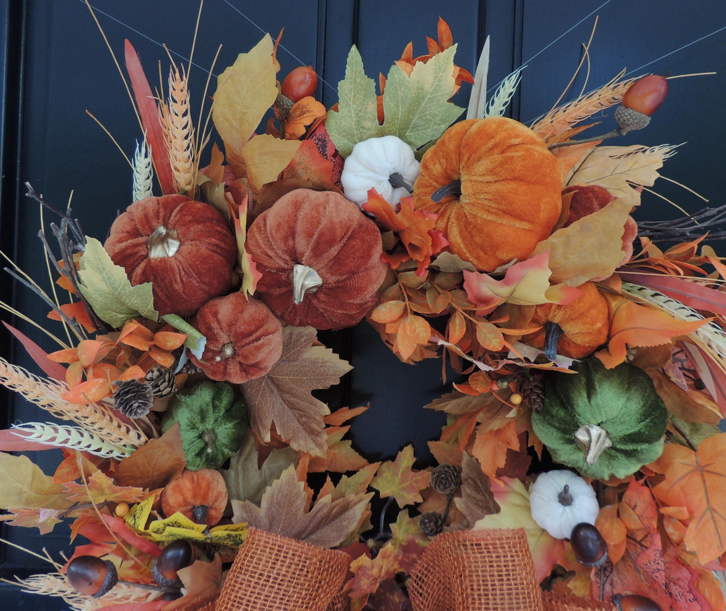 Large Velvet Pumpkin Autumn Wreath, Rustic Harvest Front Door Decor, Burnt Orange Fall Decoration, Thanksgiving Decorating
