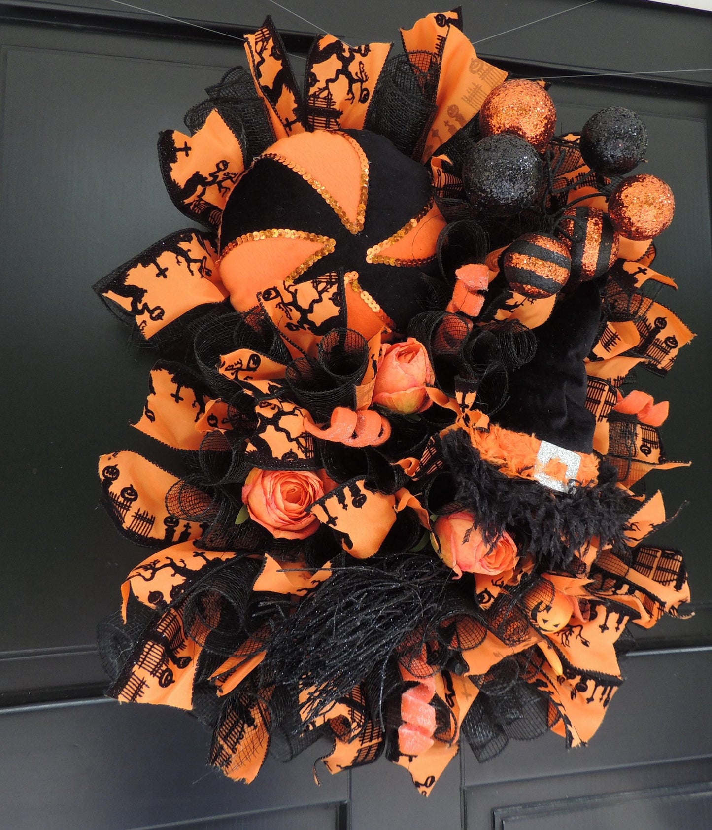 20" Halloween Door Wreath, Luxury Halloween Wreath, Black Orange Front Door Decor, Witch Wreath, Pumpkin Decor Square