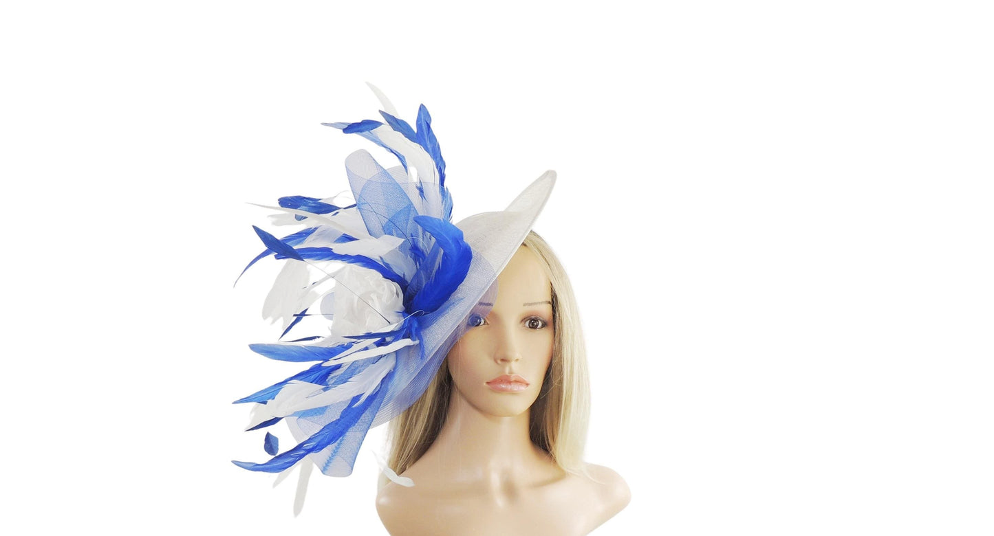 Royal Blue White Fascinator Hat Headpiece Kentucky Derby Ascot Wedding Race Days Ladies Special Occasion Tea Party Luncheon Mother Bride
