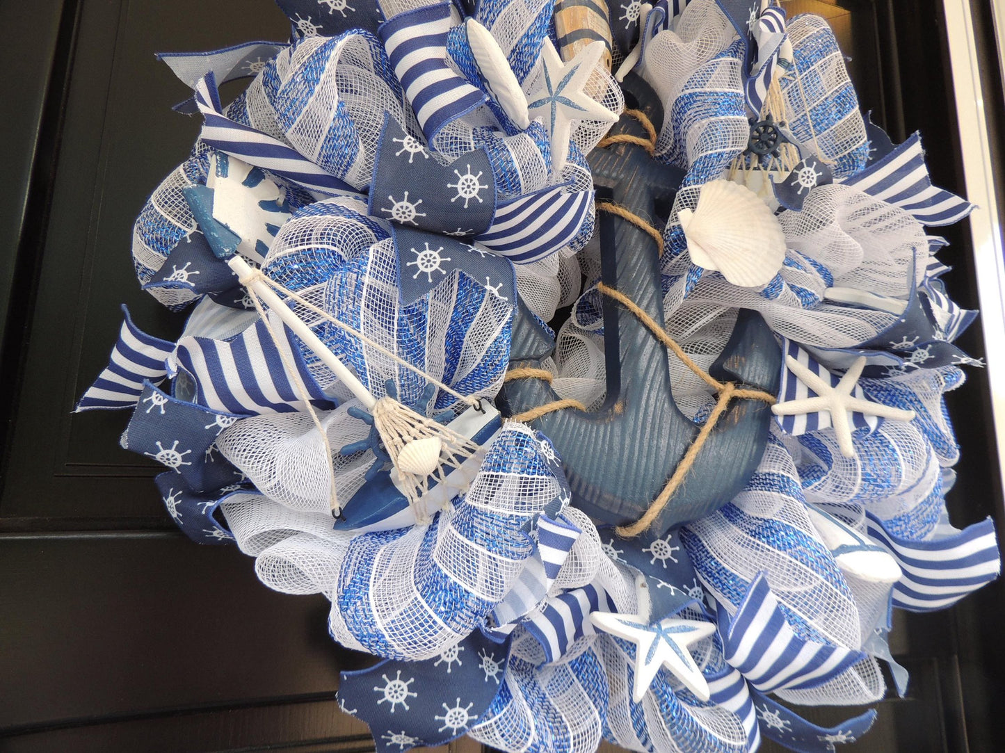 20" Nautical Wreath, Coastal Beach House Wreath, Blue White Anchor Door Decor, Seaside Lake House Decor, Sailboat Ocean Wreath