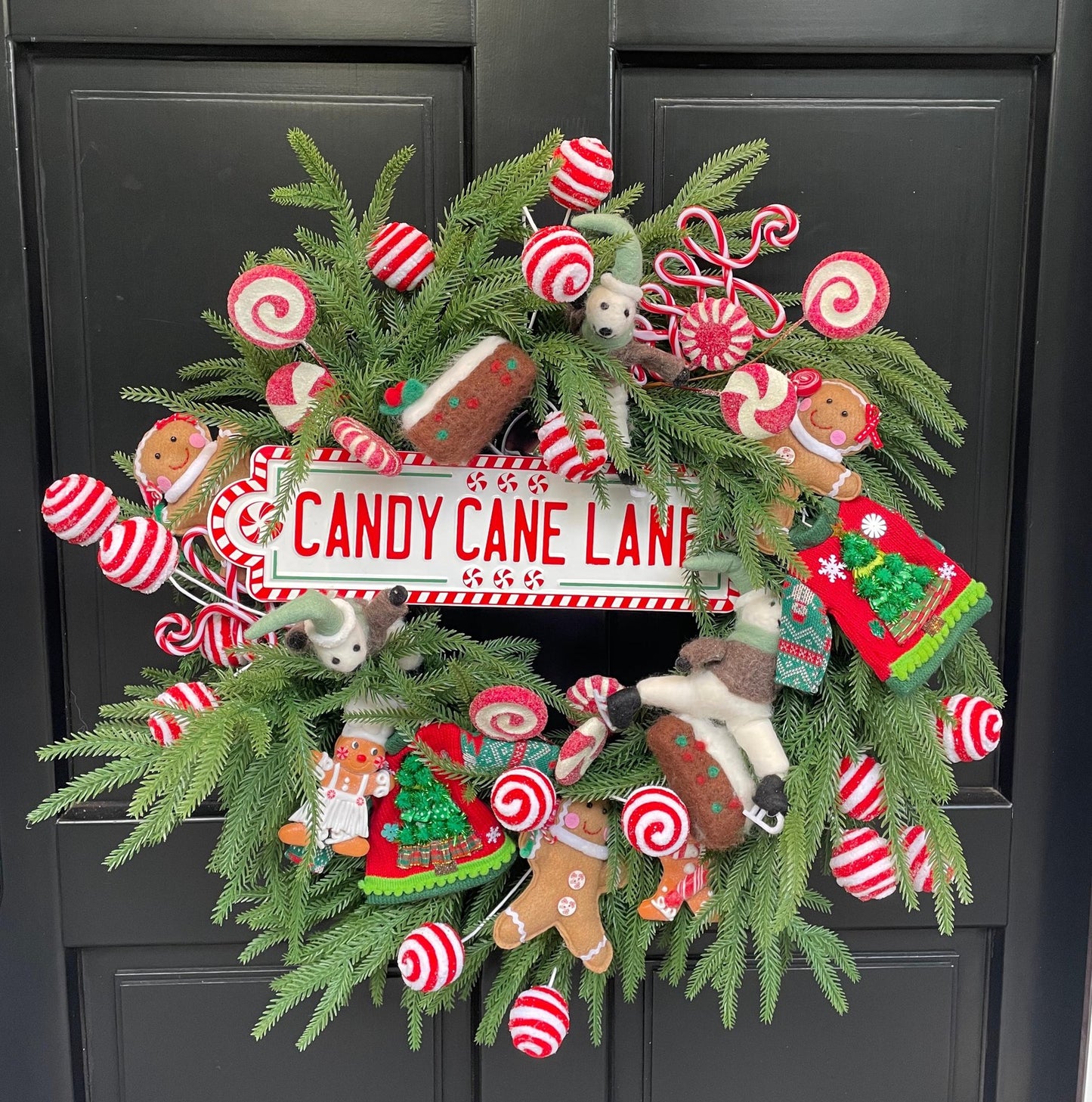 Christmas Wreath, Candy Cane Lane Wreath, Gingerbread Christmas Decor, Norfolk Pine Front Door Wreath, Whimsical Holiday Decor, 60cm