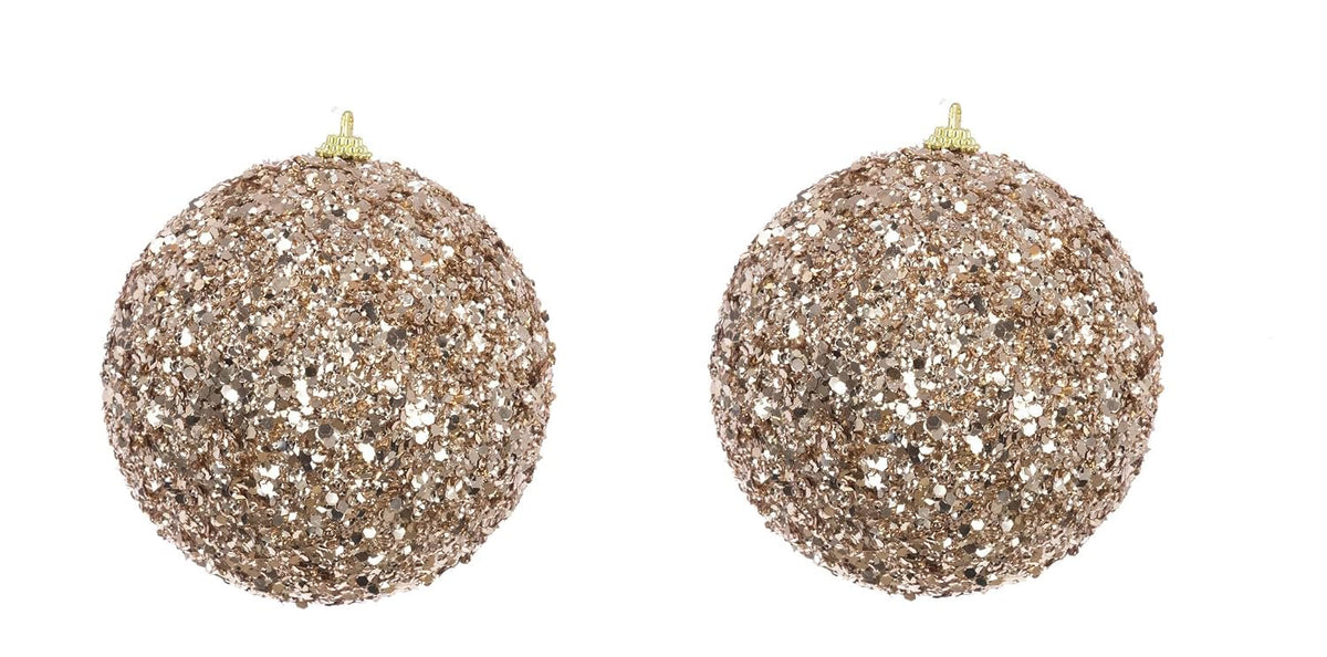 Large Champagne Gold Glitter Christmas Tree Baubles Balls 12cm Set of 2