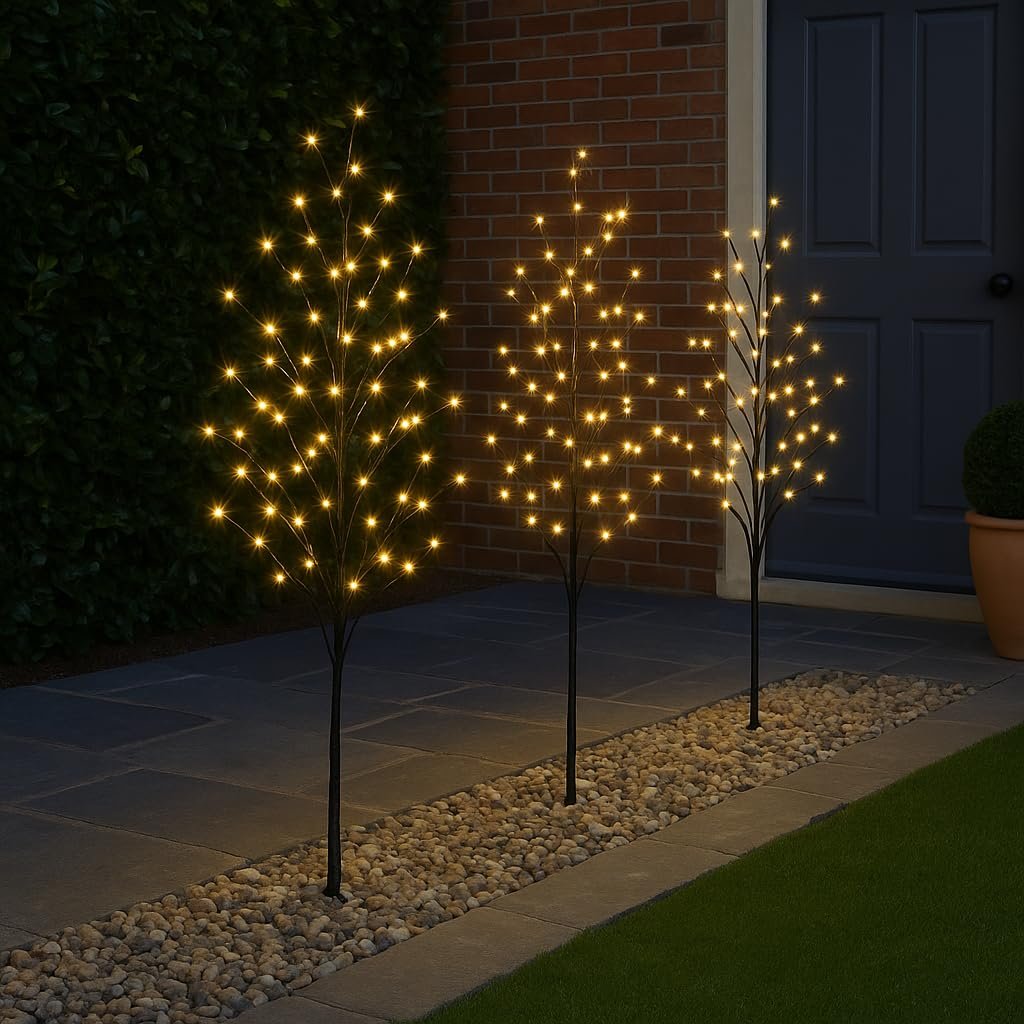 Set 4 Tall Lit Twig Tree Path Finders Warm White LEDs Outdoor Garden Christmas Fairy Lights