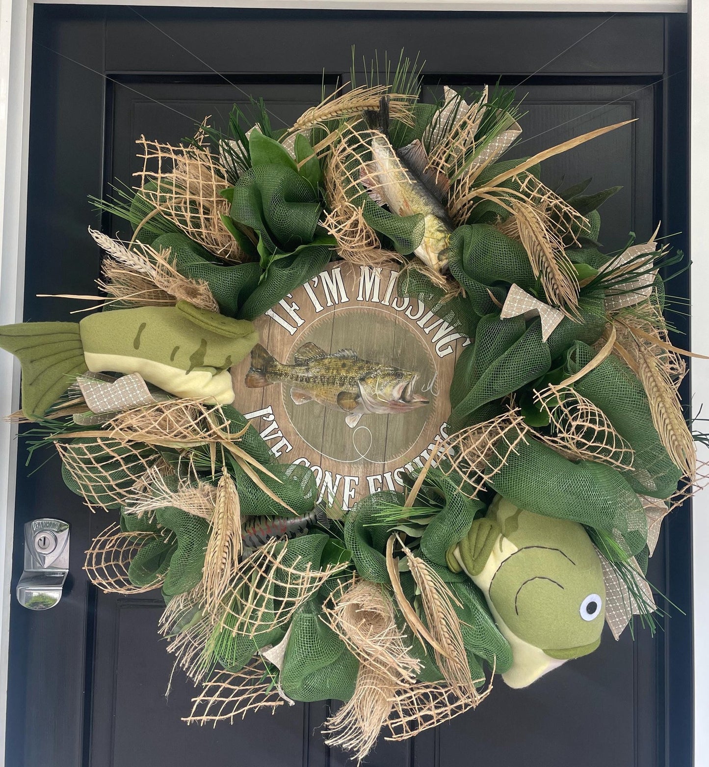 27" Oversized XL Green Fishing Wreath,Cabin Front Door Swag,Rustic Country Home Decor,Lake Beach House Decoration,Natural House Warming gift