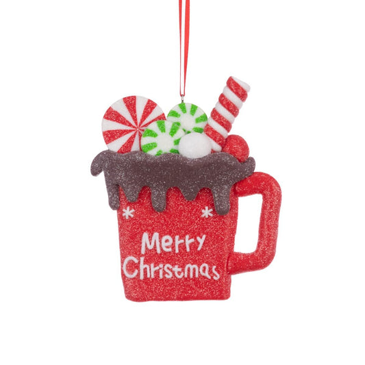Hot Cocoa Chocolate Mug Christmas Tree Ornament - Red Hanging Decoration Bauble Xmas Decor Gift Topper Glittery Red Merry Christmas Tree Decoration with Candy Toppings