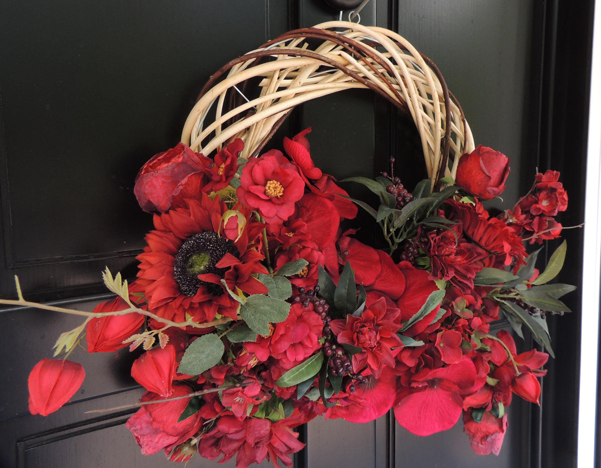 Red Floral Wreath 45cm | Rose & Hydrangea Year Round Front Door Wreath