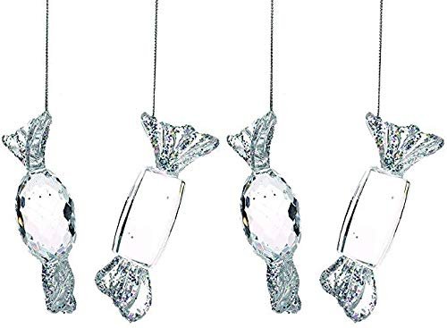Festive Set of 4 x Hanging Clear and Silver Glitter Acrylic Jewel Candy Sweets 10cm - Sparkly Christmas Tree Decoration Bauble