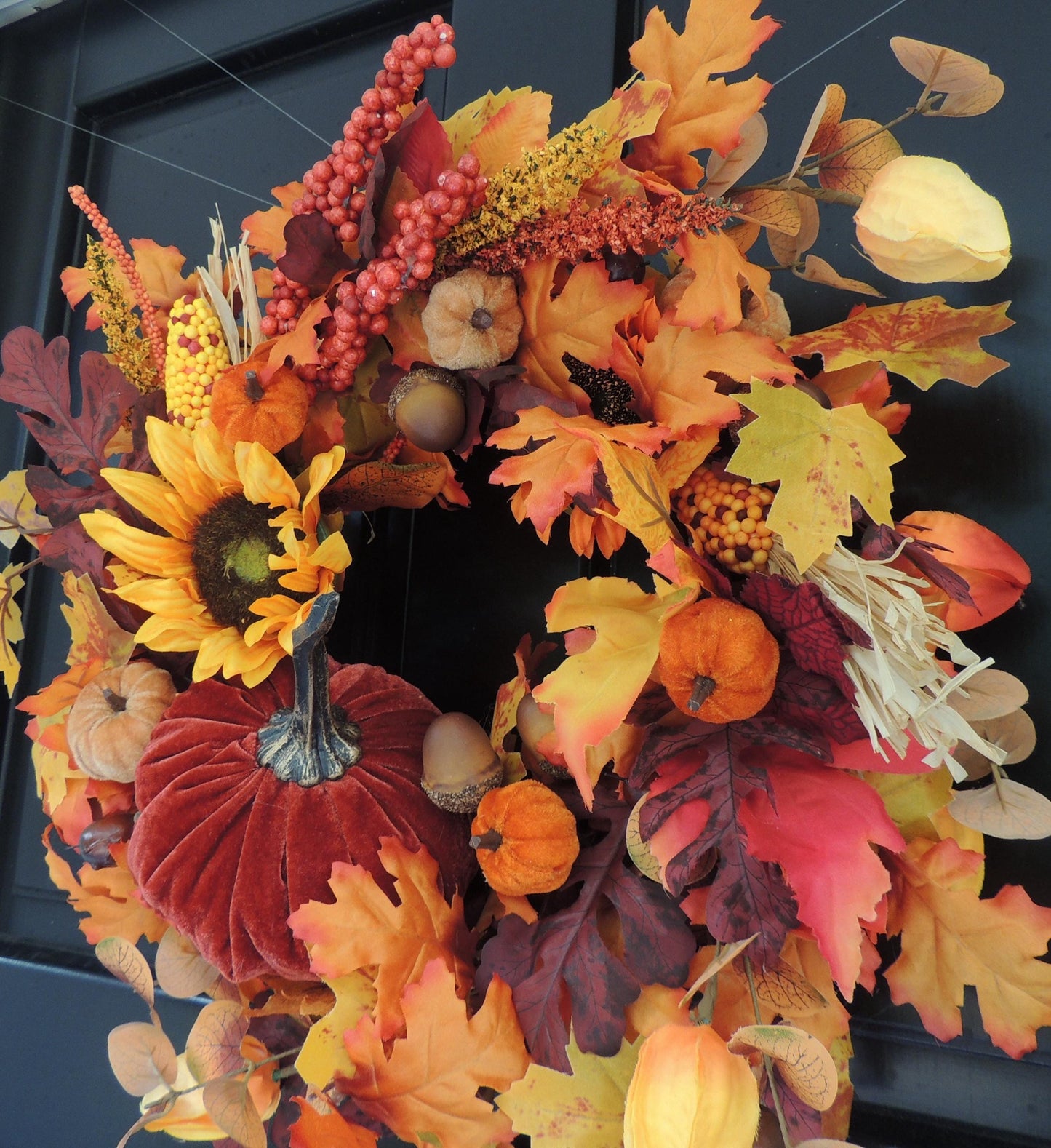 20" Large Velvet Pumpkin Wreath, Autumn Fall Front Door Wreath, Sunflower Harvest Decor, Rustic Thanksgiving Farmhouse Wreath