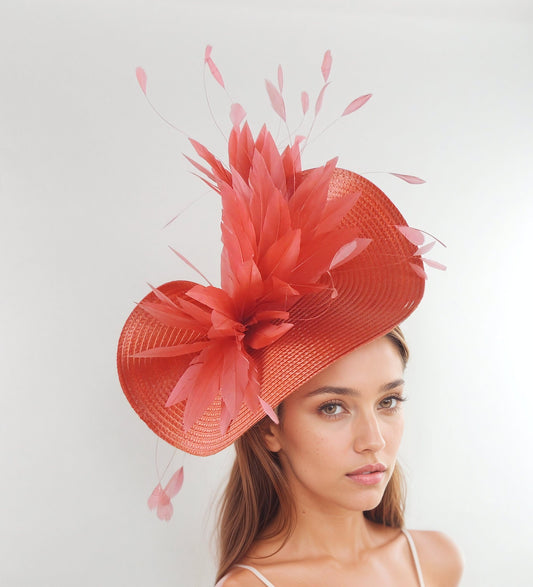 Coral Orange Saucer Disc Kentucky Derby Fascinator Hat Royal Ascot Wedding Hatinator Cocktail Formal Womens Races Tea Party Woman Headband