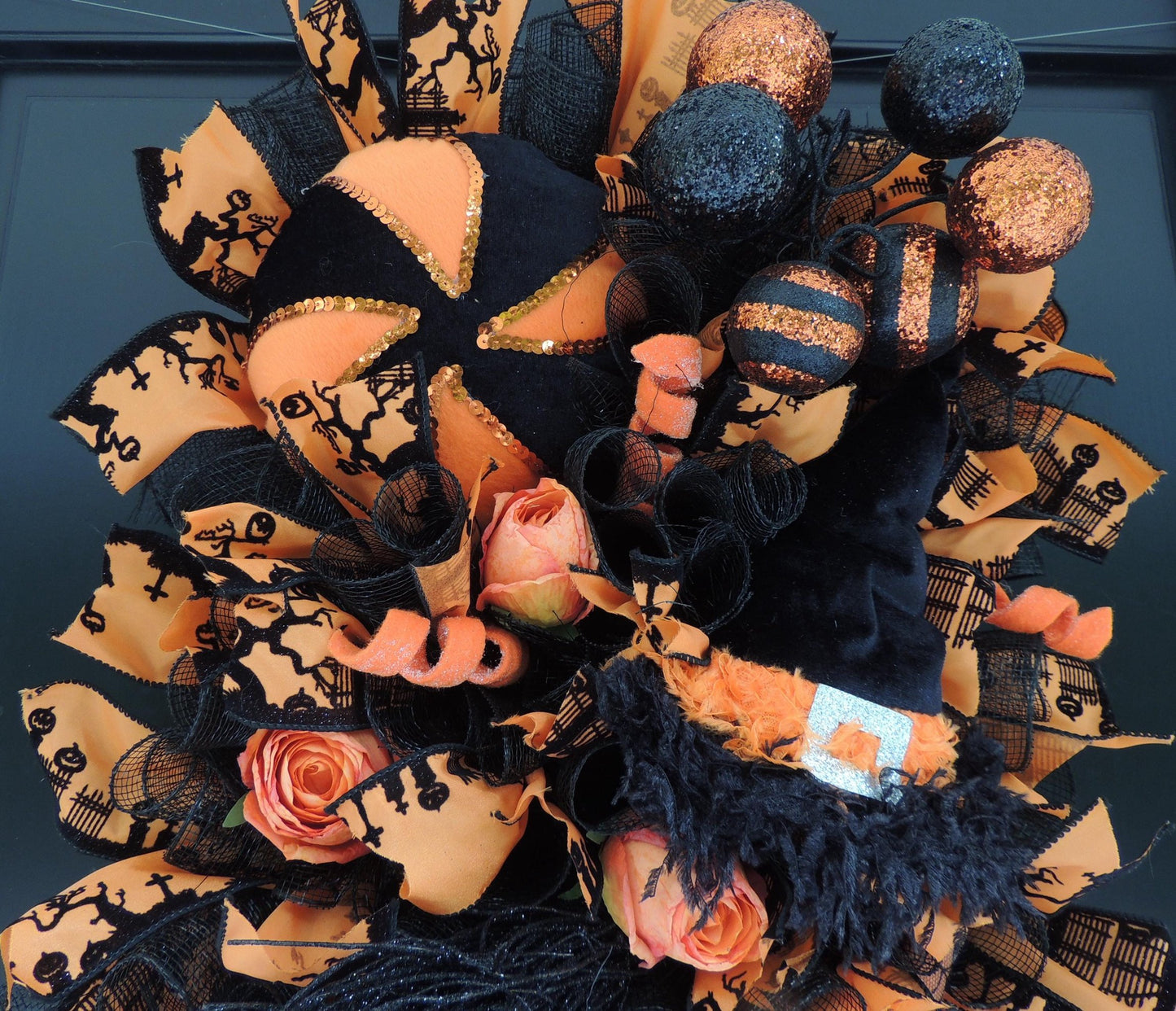 20" Halloween Door Wreath, Luxury Halloween Wreath, Black Orange Front Door Decor, Witch Wreath, Pumpkin Decor Square