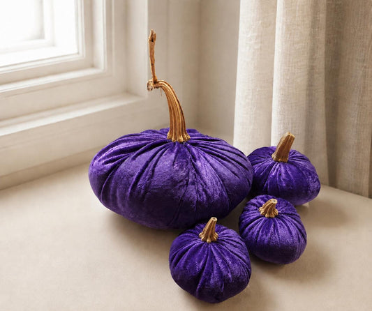 Purple Crushed Velvet Pumpkin Set of 4, Halloween Autumn Fall Mantel Table Decor