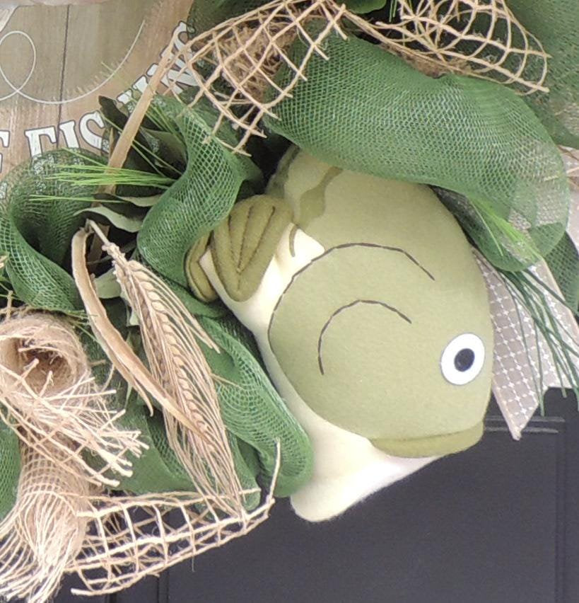 27" Oversized XL Green Fishing Wreath,Cabin Front Door Swag,Rustic Country Home Decor,Lake Beach House Decoration,Natural House Warming gift