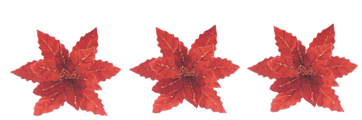 Set of 3 Large Velvet Sequin 30cm Dark Red Poinsettia Flower Clip Christmas Tree Floral Pick Ornament Xmas Decor Garland Wreath Decoration